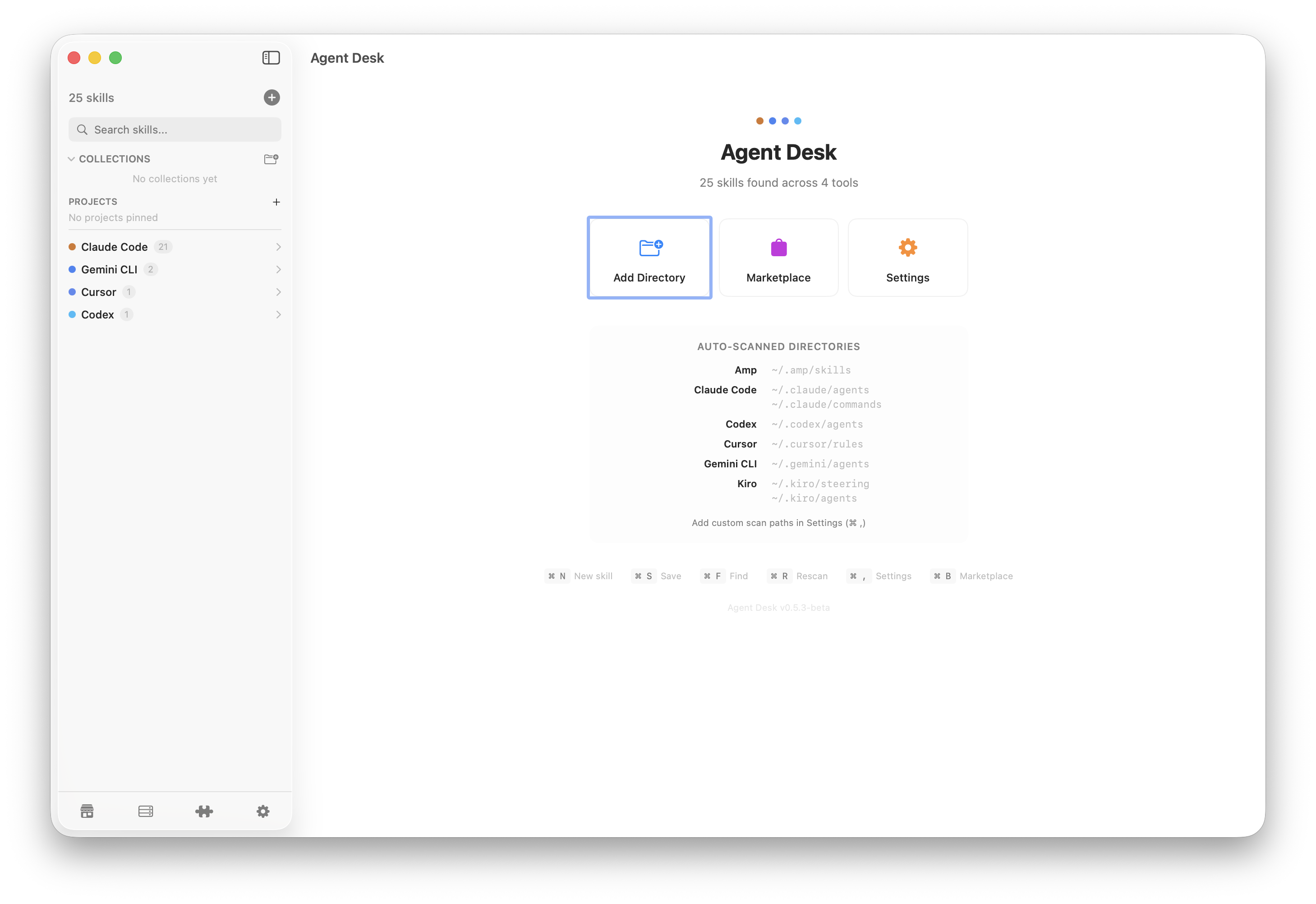 Agent Desk on first launch showing scanned skills in the sidebar